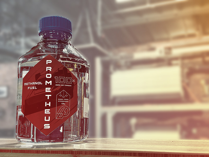 Prometheus zero-net-carbon methanol fuel bottle — clean synthetic fuel produced directly from atmospheric CO2